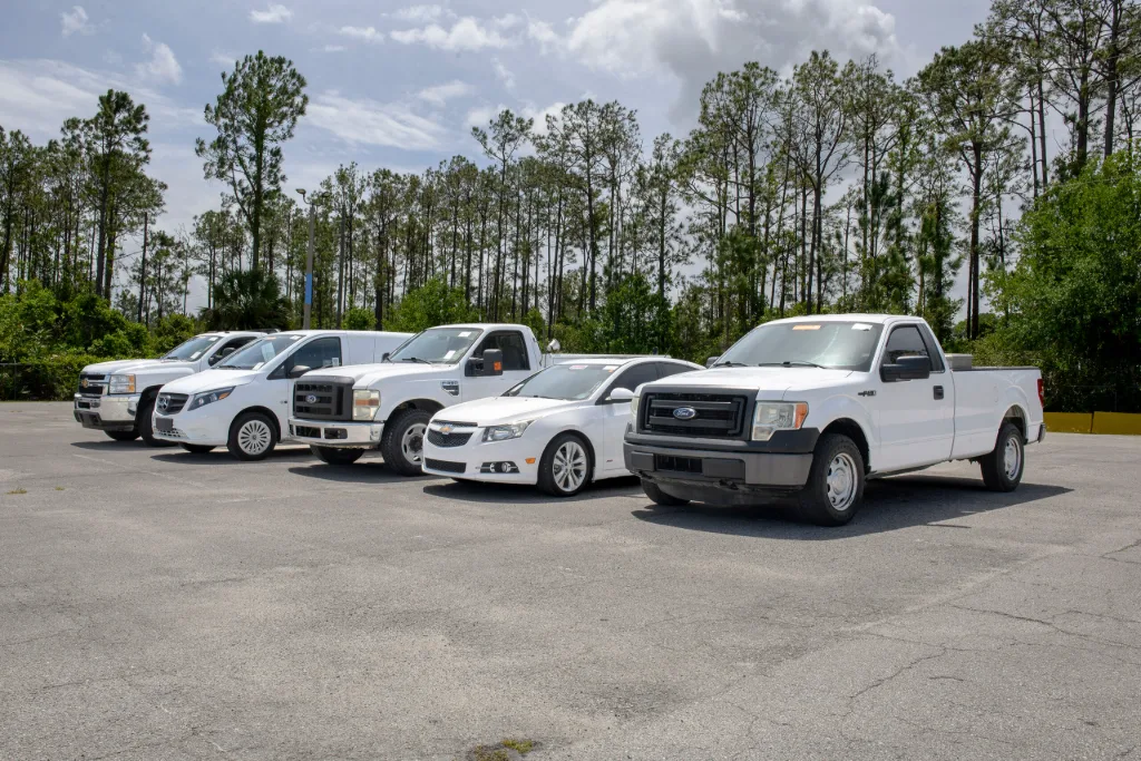 fleet vehicle disposal services mixed fleet of Ford and Chevrolet pickups, vans and sedans